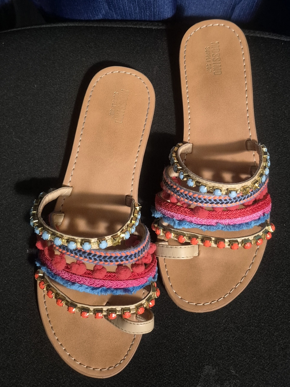 Mossimo Supply Co. Tan Slide Sandals with Pink and Blue Accents